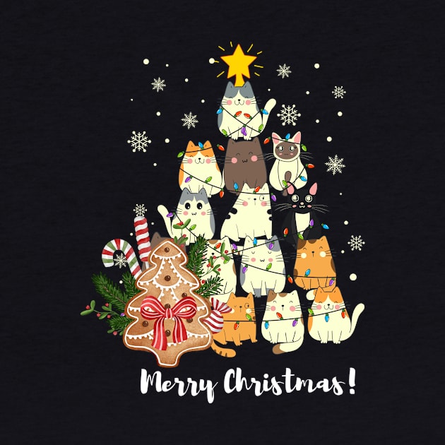 Christmas Cat Trees, Cute Merry Christmas & Trees, White Christmas Trees Design, premium unisex kitten xmas tee, by Grun illustration 